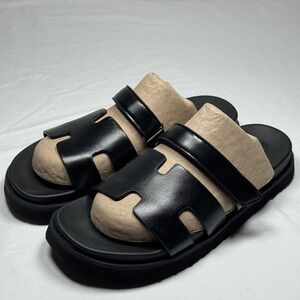 Women's Black Slide Sandals Double Strap Comfort Slip On Flats Size 8